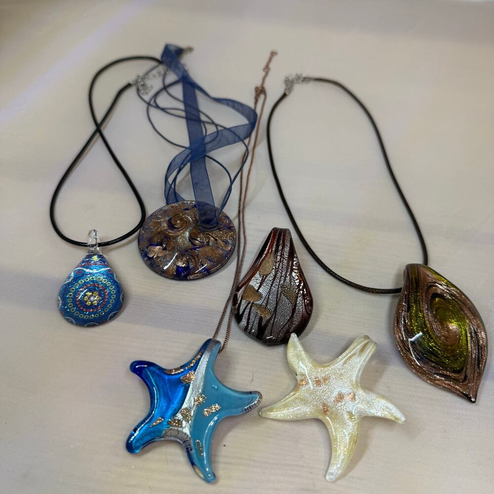 Handmade Art Glass Pendant Necklace Lot 6 Starfish Teardrop Murano Style